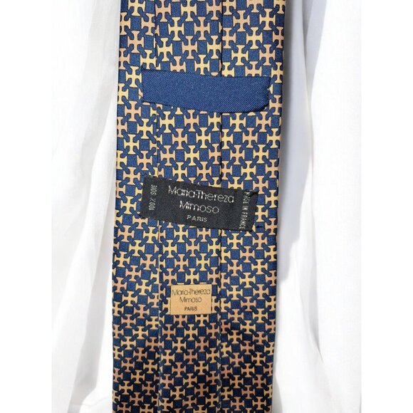 Maria - Thereza Mimoso Geometric Pattern 100% Silk Tie Navy Blue and Gold Made I - Picture 5 of 7
